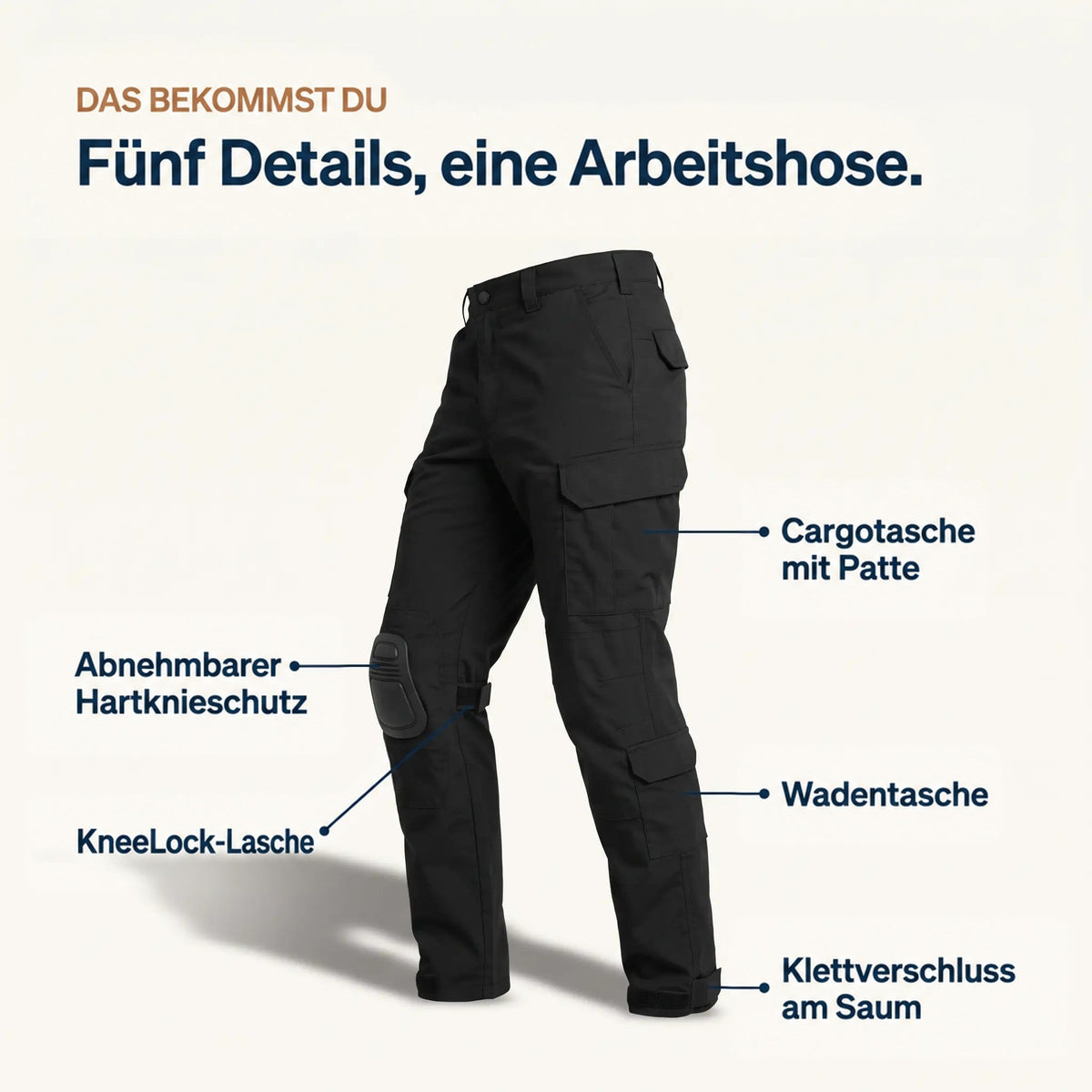Schwarze Hose mit beschrifteten Details: Cargotasche, Wadentasche, abnehmbare harte Knieschale, Halteband am Knie und Klettbund am Saum. 5