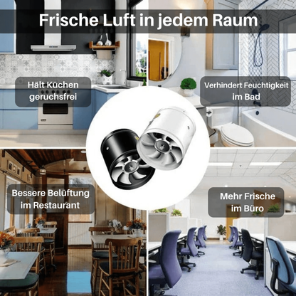 Collage mit Küche, Bad, Restaurant und Büro, in der Mitte ein schwarzer und ein weißer Ventilator 7