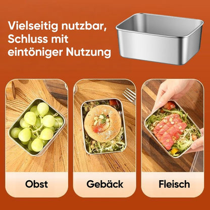 Einzelne Edelstahlschale oben, darunter drei Anwendungsbeispiele: Trauben, ein belegtes Gebäck auf Salat und Fleischscheiben mit Salat. 6