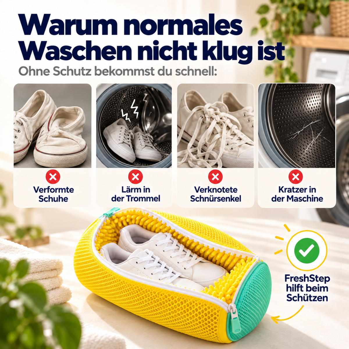 Vier Probleme beim Waschen ohne Schutz im Vergleich, darunter die geöffnete Tasche mit Sneakern 2