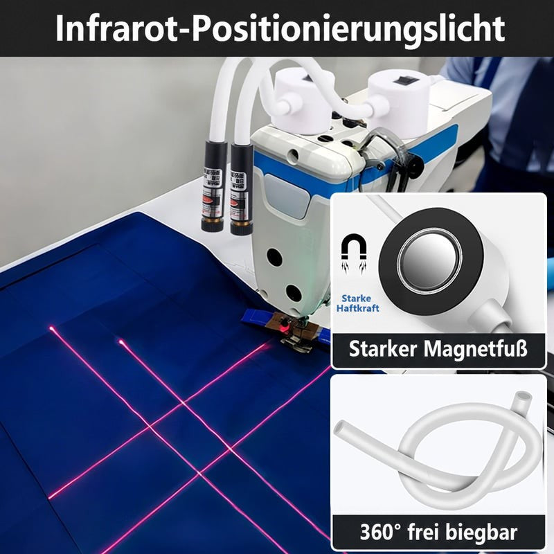 Zwei Laser-Nähführungen mit Magnetfuß an einer Industrienähmaschine projizieren rote Kreuzlinien auf dunkelblauen Stoff 2