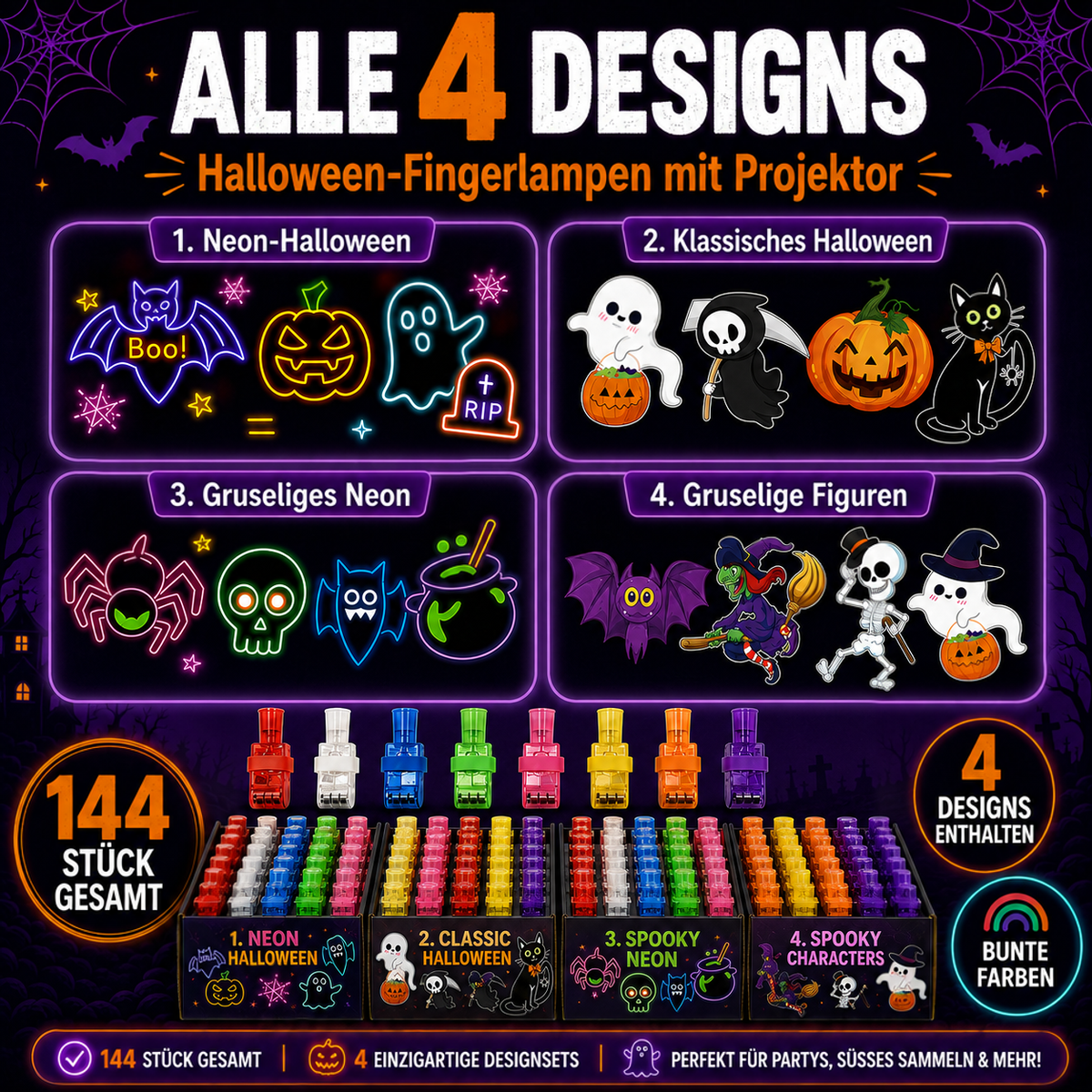 Vergleichsgrafik aller vier Motivsets mit Beispielmotiven, darunter vier Kartons voller bunter Fingerlichter 6
