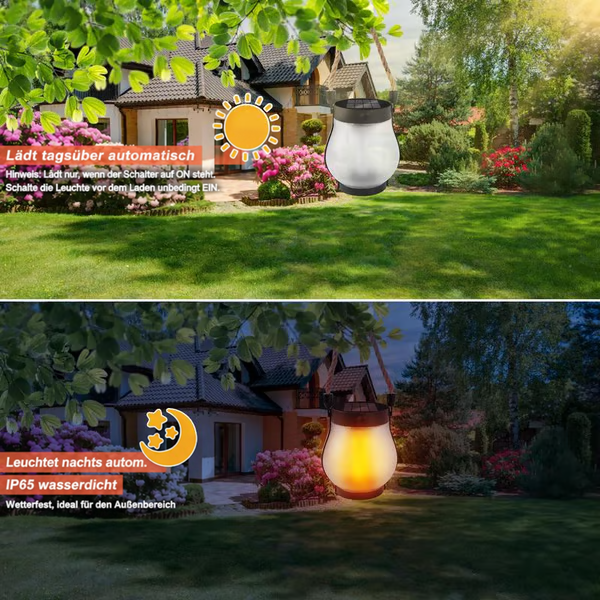 Zweigeteilte Gartenansicht: Laterne tagsüber im Sonnenlicht und abends leuchtend vor einem Haus 11