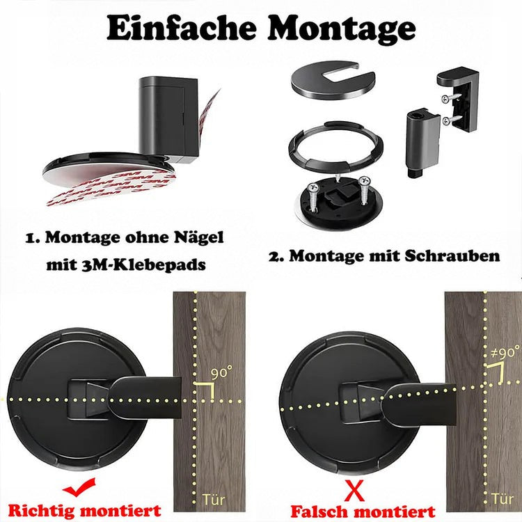 Montageanleitung mit Klebepads oder Schrauben sowie Vergleich einer korrekten und einer falschen Ausrichtung zur Tür 4