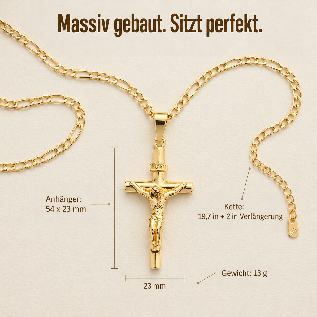 Goldene Kreuzkette flach ausgelegt, mit Maßangaben zu Anhänger, Kettenlänge, Verlängerungskette und Gewicht 6