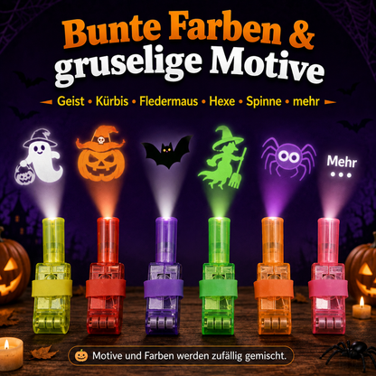 Sechs eingeschaltete Fingerlichter in verschiedenen Farben projizieren Geist, Kürbis, Fledermaus, Hexe und Spinne nach oben 7