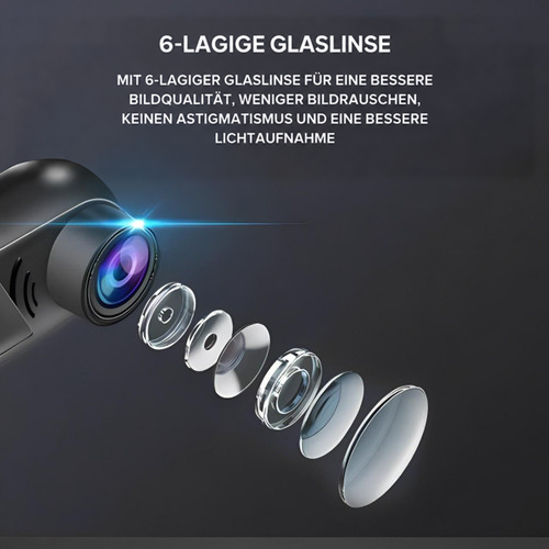 Kameralinse mit sechs einzeln aufgefächerten Glaslinsen vor dunklem Hintergrund, zur Darstellung des Linsenaufbaus 5