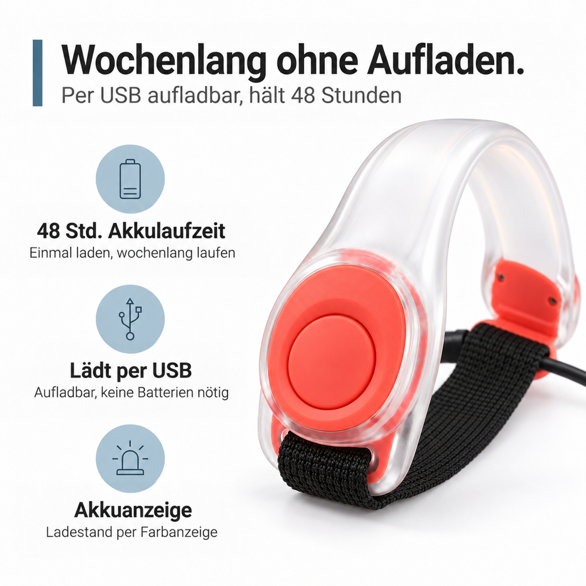 Armband mit roten Akzenten, seitlich angeschlossenes Ladekabel, daneben Icons zu Akkulaufzeit, USB-Ladung und 5