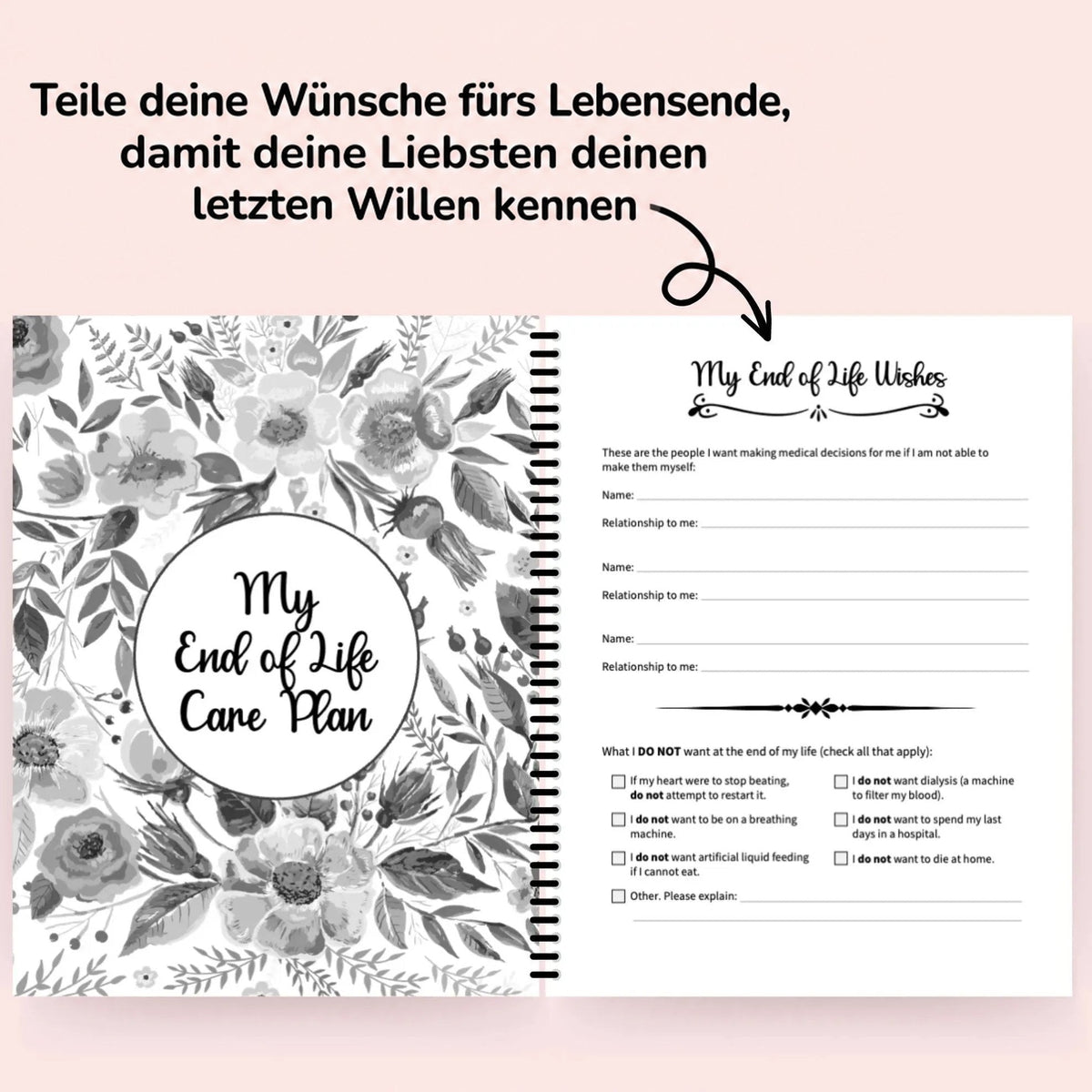 Aufgeschlagener Planer mit grauem Blumen-Trennblatt zur Pflegeplanung und Seite für die letzten Wünsche mit Namensfeldern und Ankreuzoptionen. 7