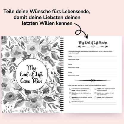 Aufgeschlagener Planer mit grauem Blumen-Trennblatt zur Pflegeplanung und Seite für die letzten Wünsche mit Namensfeldern und Ankreuzoptionen. 7