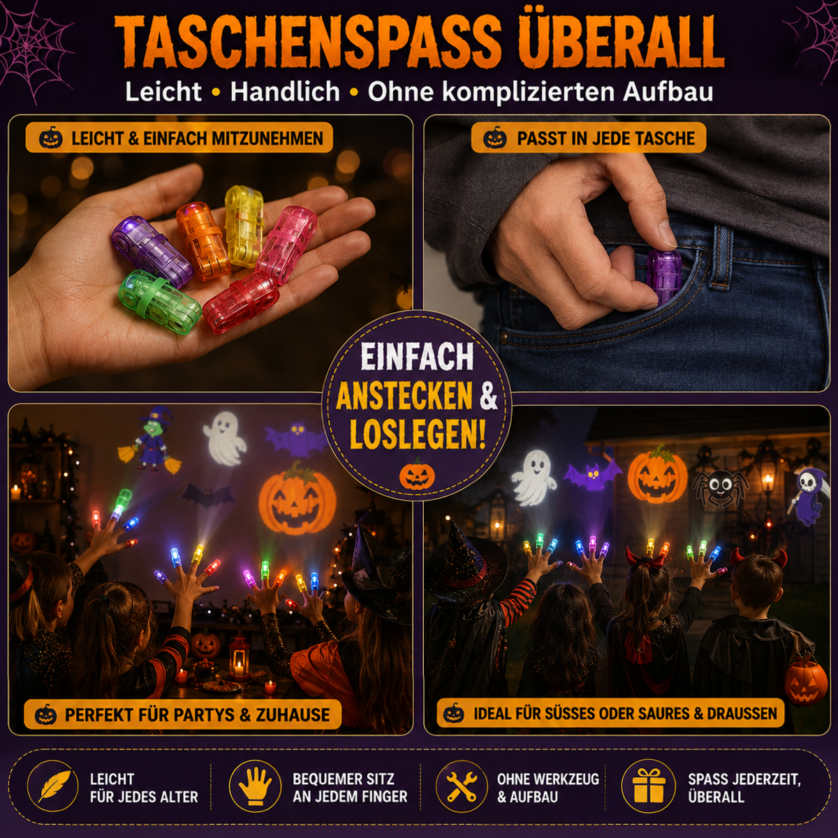 Vierfach-Collage: Lichter in der Handfläche, in der Hosentasche, bei einer Party und draußen beim Süßes-oder-Saures-Gehen 13
