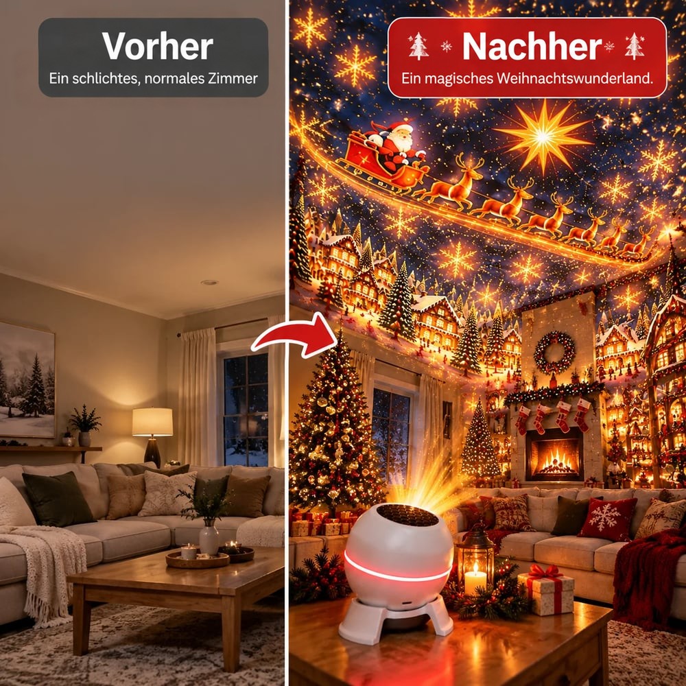 Vorher-Nachher-Vergleich eines Wohnzimmers: links schlicht beleuchtet, rechts mit Projektion von Schlitten, Sternen und 3