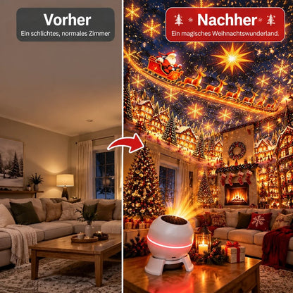 Vorher-Nachher-Vergleich eines Wohnzimmers: links schlicht beleuchtet, rechts mit Projektion von Schlitten, Sternen und 3