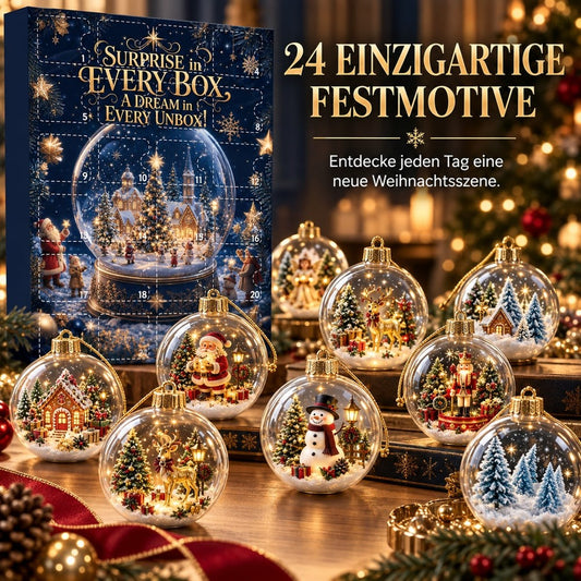 Dunkelblauer Adventskalender mit Schneekugel-Motiv, davor acht durchsichtige Christbaumkugeln mit winterlichen Szenen auf 1