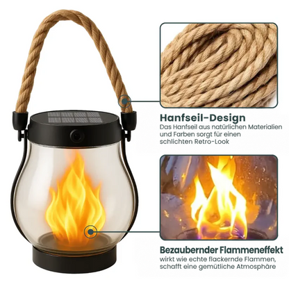 Laterne mit Hanfseil-Griff und Solarpanel im Deckel, daneben Detailaufnahmen von Seil und Flammeneffekt 3