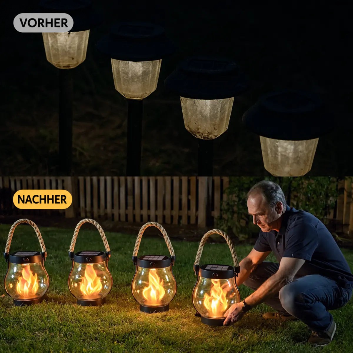 Vorher-Nachher-Vergleich: oben matte Gartenlampen, unten vier Flammenlaternen im Gras, von einem Mann zurechtgestellt 4