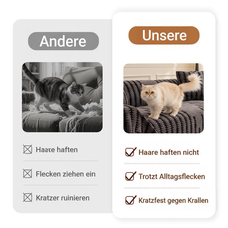 Vergleichsbild: Katze zerkratzt ein ungeschütztes Sofa, daneben sitzt eine Katze auf dem gemusterten Überwurf 4