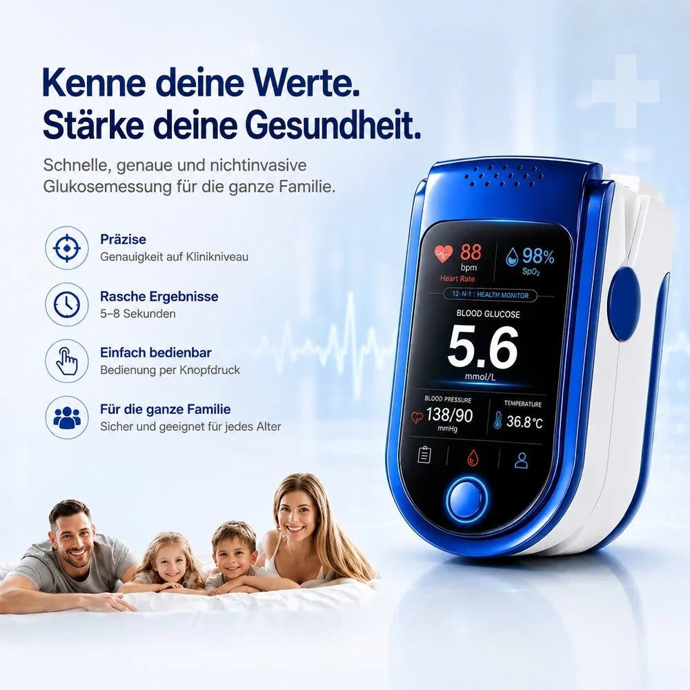 Das Messgerät schräg von vorn neben einer Liste mit vier Vorteilen, unten eine lächelnde vierköpfige Familie auf einem Bett. 5
