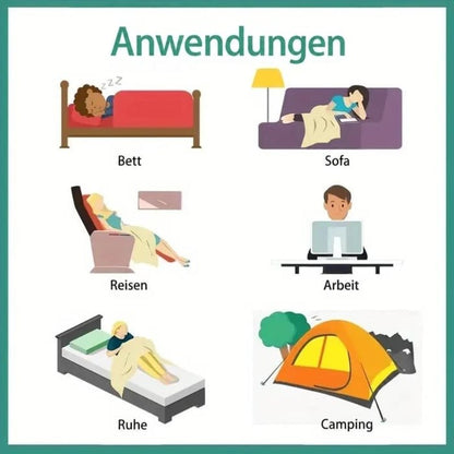 Illustrierte Anwendungsbeispiele: Bett, Sofa, Reise, Büro, Mittagsschlaf und Camping 9