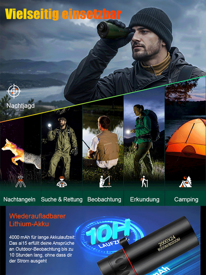 Collage mit Einsatzbereichen wie Nachtangeln, Beobachtung und Camping sowie Hinweis auf den wiederaufladbaren Akku 3