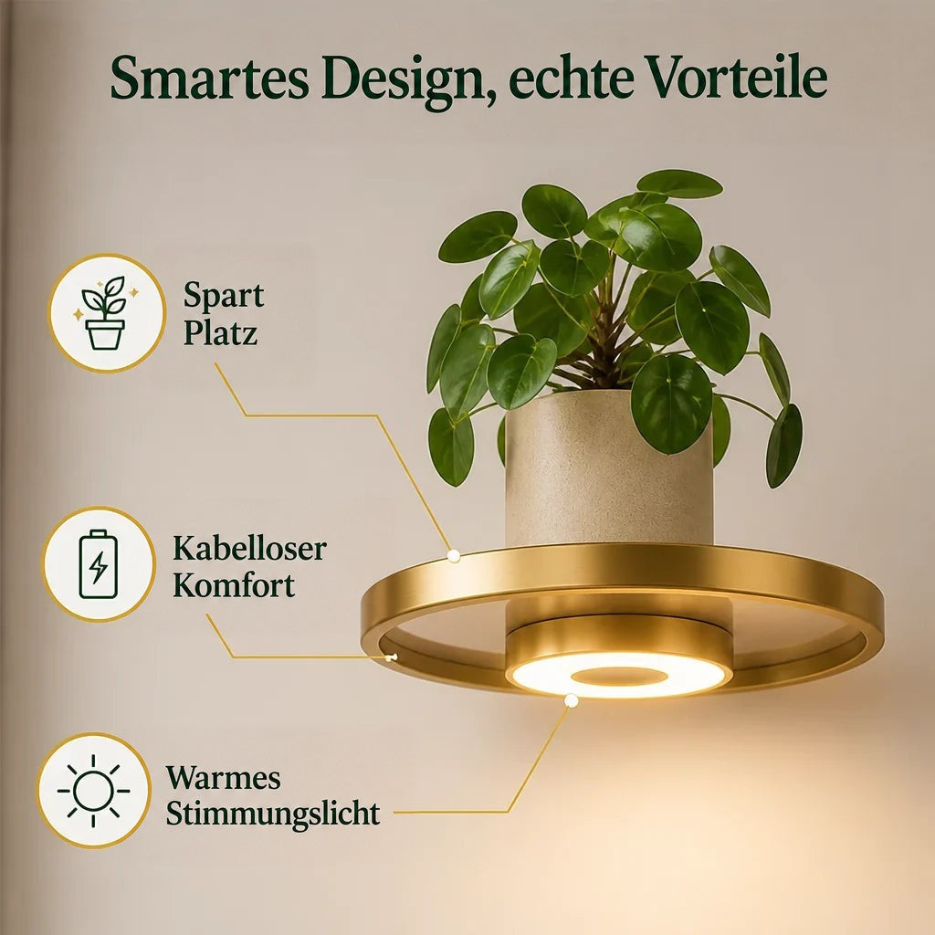 Nahaufnahme eines runden goldfarbenen Wandregals mit Pflanze im Topf und leuchtendem LED-Ring an der Unterseite, mit Symbolen und Beschriftungen zu den Vorteile 3