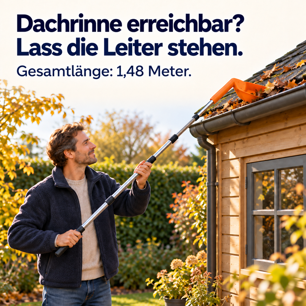 Lächelnder Mann steht im Garten und reinigt die niedrige Dachrinne eines Holzhauses mit dem Stiel, ohne Leiter 6