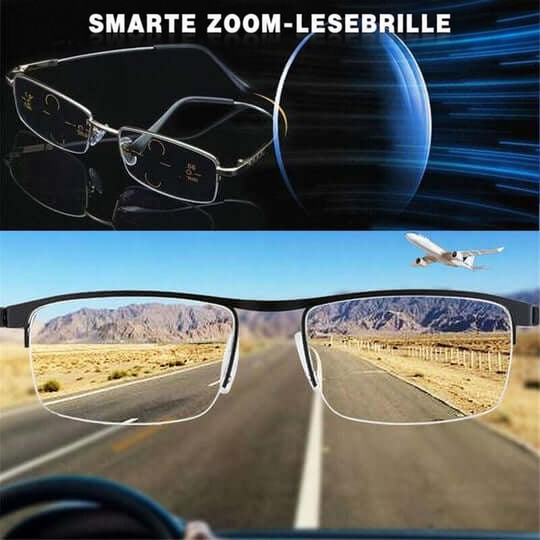 Collage: oben Brille mit Glaslinse vor blauem Lichtmuster, unten Blick durch die Brille auf eine Landstraße 4