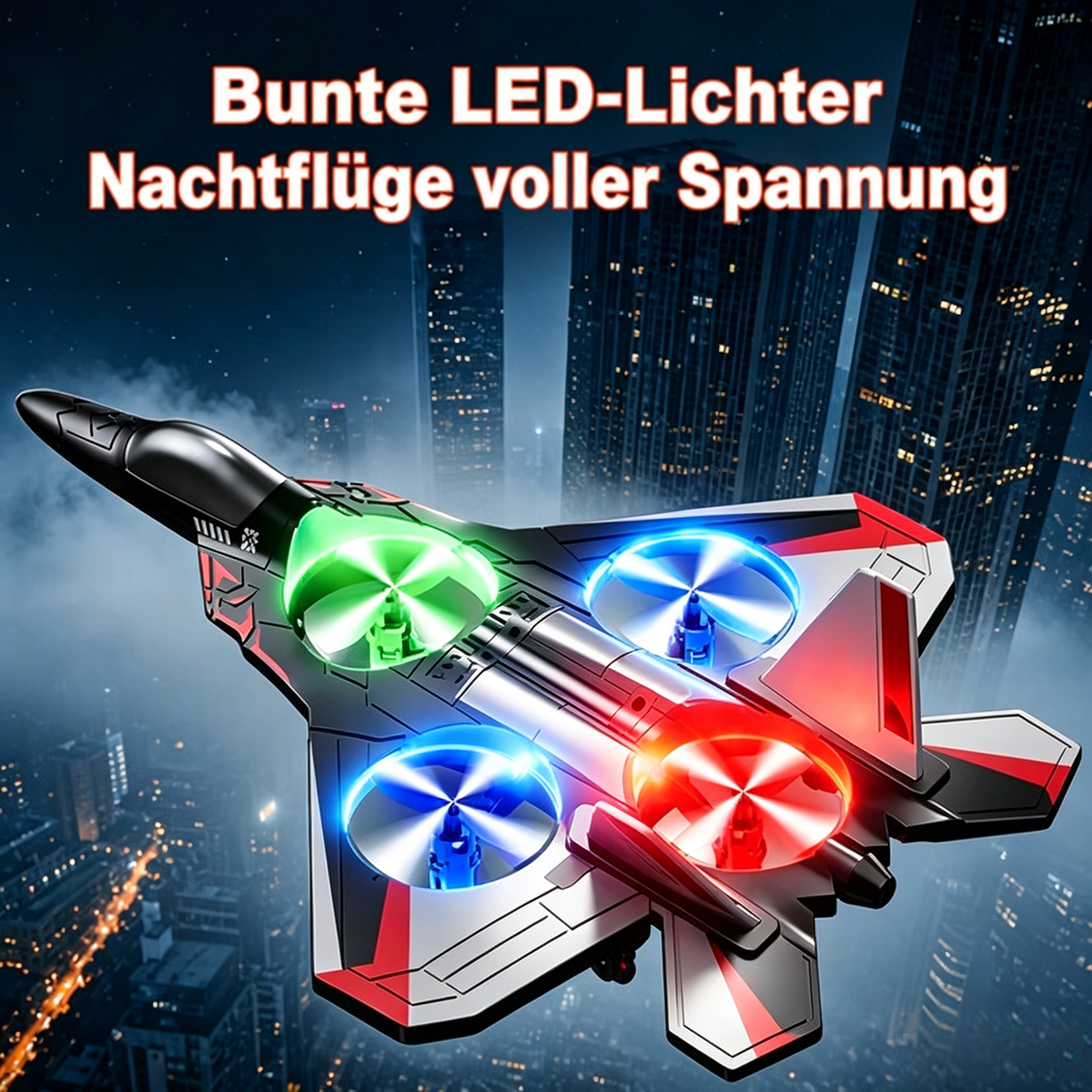 Kampfflugzeug mit rot-grauem Rumpf und leuchtenden grünen, blauen und roten Rotorringen im Nachtflug vor einer nebligen Hochhauskulisse. 1