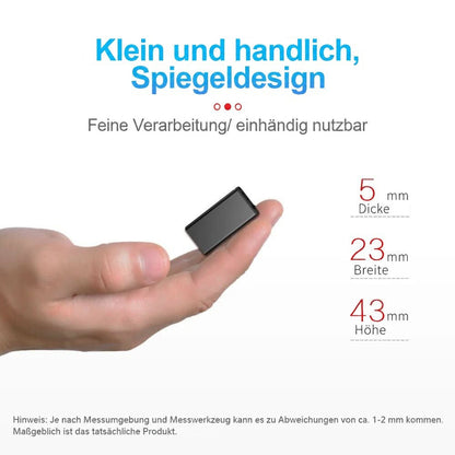 Der kleine schwarze Recorder liegt mit spiegelnder Oberfläche auf einer Fingerspitze, daneben Angaben zu Dicke, Breite und 4