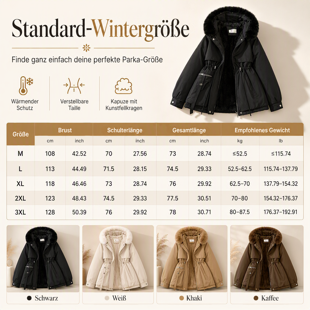 Größentabelle mit Maßen von M bis 3XL und vier Farbvarianten des Parkas: Schwarz, Weiß, Khaki, Kaffee 12