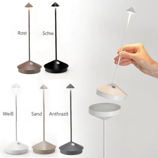 Farbübersicht der Lampe in fünf Tönen sowie eine Hand, die den Lampenkopf vom Sockel abhebt 13