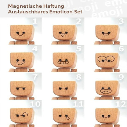 Übersicht aller zwölf austauschbaren Gesichtsausdrücke der Figur, von eins bis zwölf nummeriert, von lächelnd bis weinend. 8