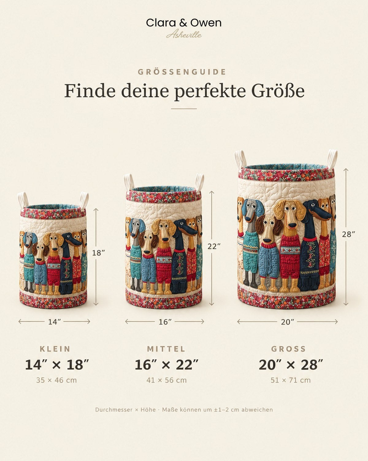 Größenübersicht mit drei Korbgrößen nebeneinander, Maße in Zoll und Zentimetern für Durchmesser und Höhe angegeben 5