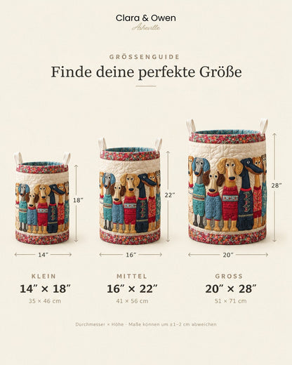 Größenübersicht mit drei Korbgrößen nebeneinander, Maße in Zoll und Zentimetern für Durchmesser und Höhe angegeben 5