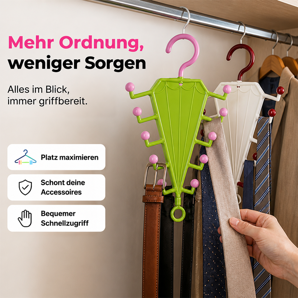 Grüner und weißer Hänger im Kleiderschrank, mit Gürteln und Krawatten bestückt, eine Hand nimmt eine Krawatte 5
