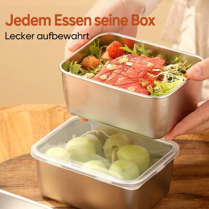Hände halten eine Schale mit Lachs und Salat über einer Edelstahlbox mit transparentem Deckel und grünen Trauben. 5