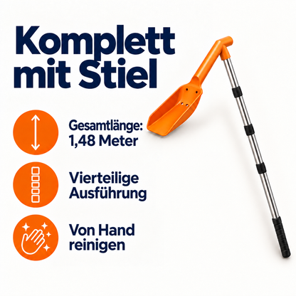 Das vierteilige Werkzeug freigestellt neben Symbolen für Länge, Stielaufbau und Handreinigung 5