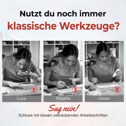 Drei Schwarzweißfotos einer Frau, die mühsam mit Lupe, Pinzette und Kleber Strasssteine anbringt 2