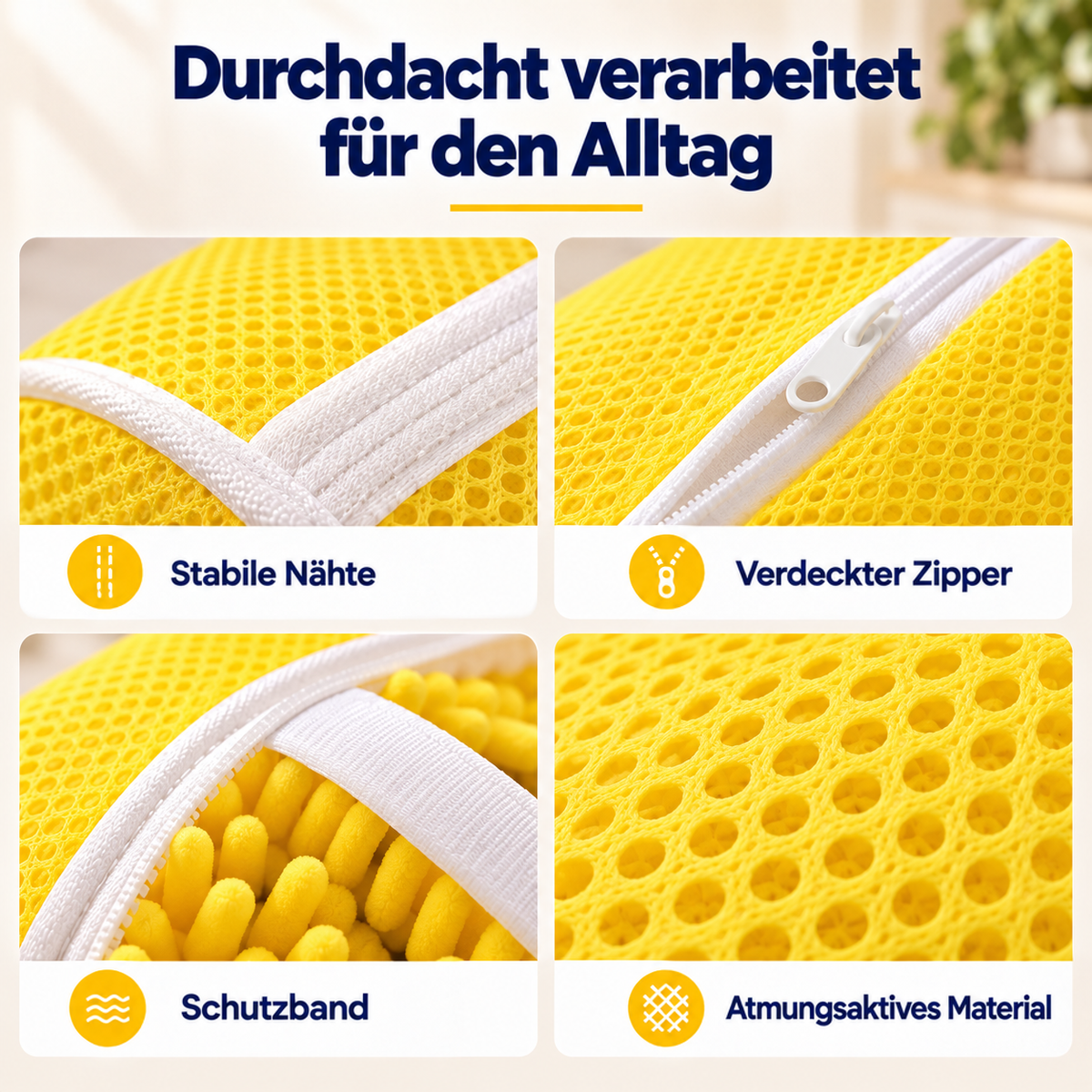 Vier Detailaufnahmen: Nähte, verdeckter Reißverschluss, Schutzband und atmungsaktives gelbes Netzgewebe 7