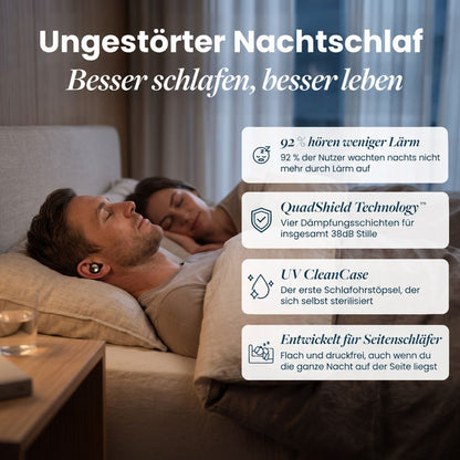 Englische Version: Paar schläft im Bett, der Mann trägt einen Ohrstöpsel; vier Infokästen zu Geräuschreduzierung und Komfort für Seitenschläfer. 18