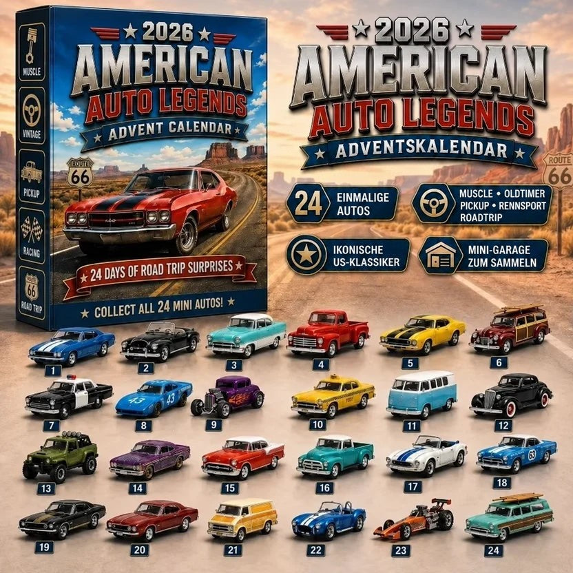 Schachtel mit amerikanischen Muscle-Cars und Routen-Motiv, darunter 24 nummerierte Modellautos in Reihen 4