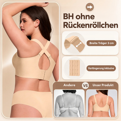 Rückenansicht mit gekreuzten Trägern und Hakenverschluss, daneben Detailfelder zu Trägerbreite, Verlängerung und Vergleich 3