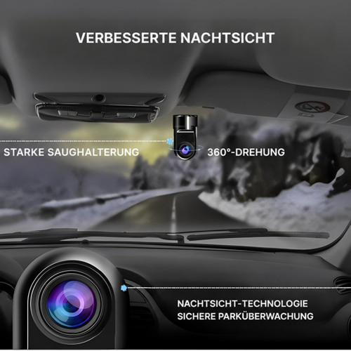 Kamera hinter der Windschutzscheibe eines Autos mit Blick auf eine verschneite Bergstraße bei Dämmerung 3