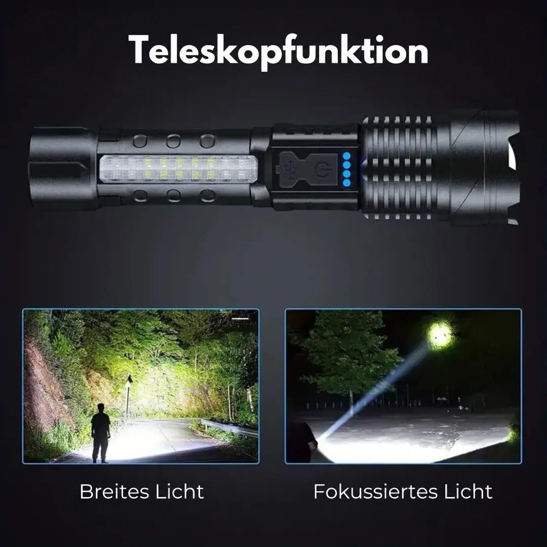 Schwarze taktische Taschenlampe, 5000 Lumen, teleskopisch, Outdoor, LED, Militärstil.