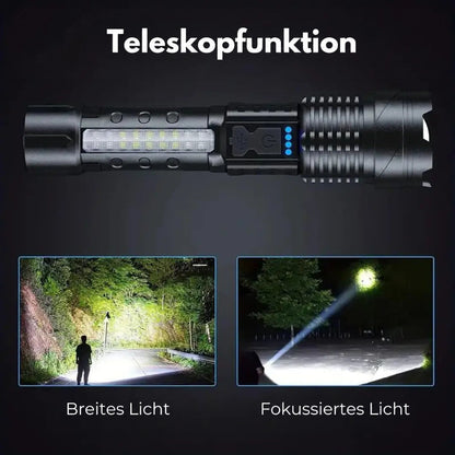 Schwarze taktische Taschenlampe, 5000 Lumen, teleskopisch, Outdoor, LED, Militärstil.
