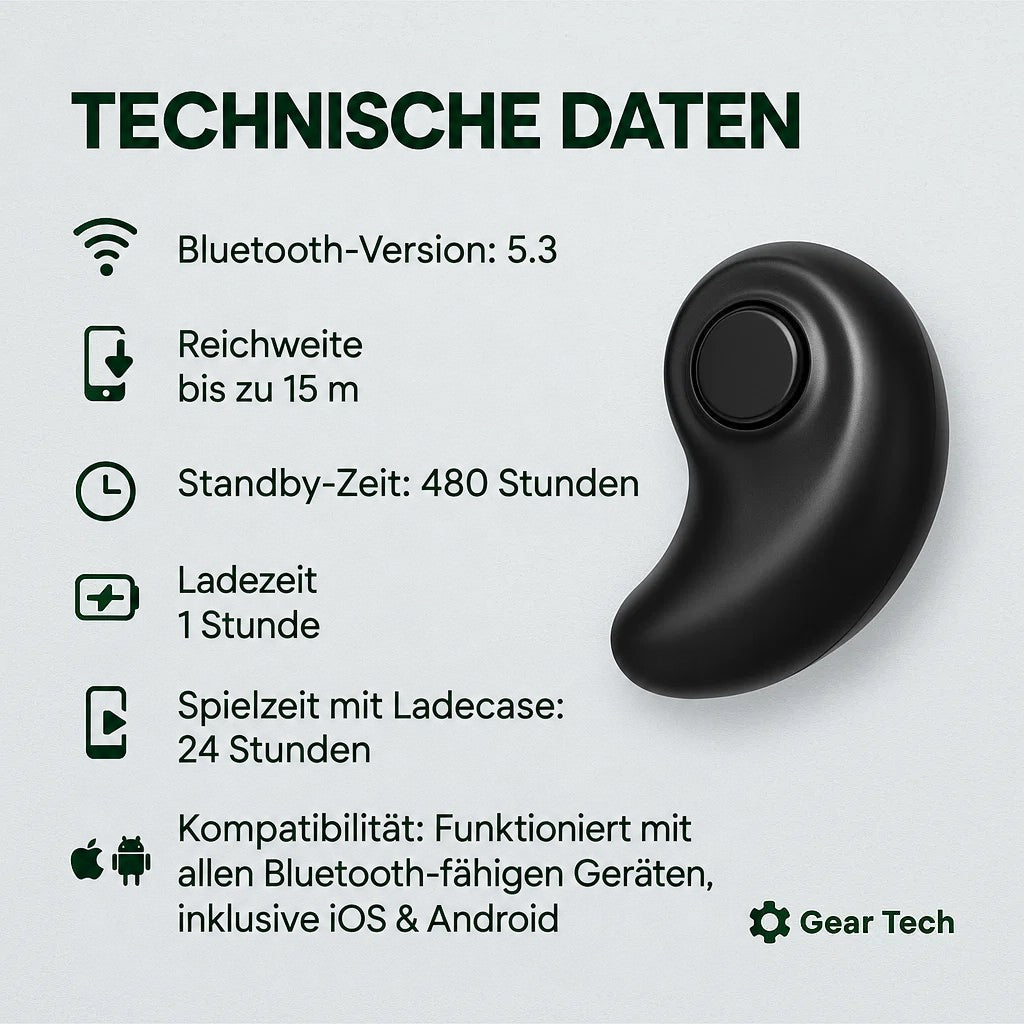 Schwarzer bohnenförmiger Kopfhörer mit rundem Knopf neben einer Übersicht der technischen Daten 5