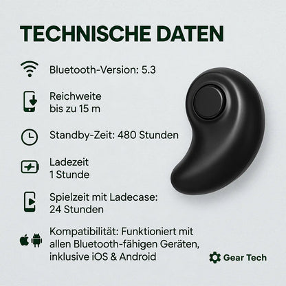 Schwarzer bohnenförmiger Kopfhörer mit rundem Knopf neben einer Übersicht der technischen Daten 5