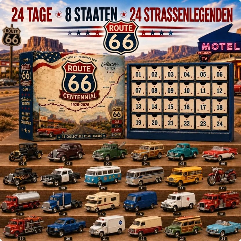 Kalender mit Landkarten-Motiv und nummerierten Türchen, darunter 24 Miniaturen von Oldtimern, Bussen, Lkw und Motorrad 7