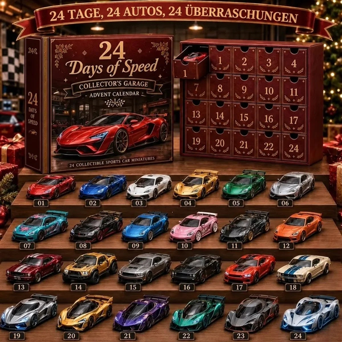 Bordeauxroter Kalender mit offener Schublade, davor 24 nummerierte Sportwagen-Modelle in vielen Farben auf Holzstufen 18