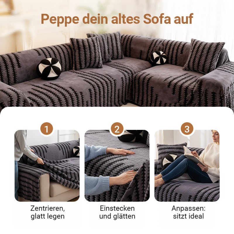Eckiges Sofa mit grauem Überwurf und drei Schritte zum Auflegen, Glätten und Anpassen der Husse 6